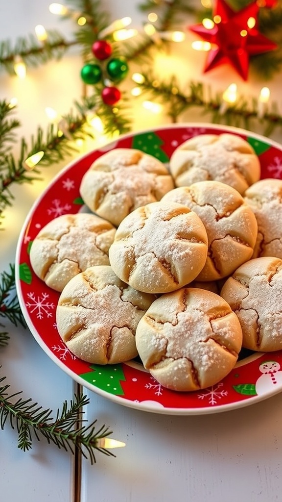 North Pole Christmas Doodles Recipe A plate of Christmas Doodles cookies dusted with sugar, decorated for the holidays.